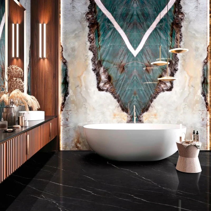 Black marble on the floor so the two surfaces arent competing