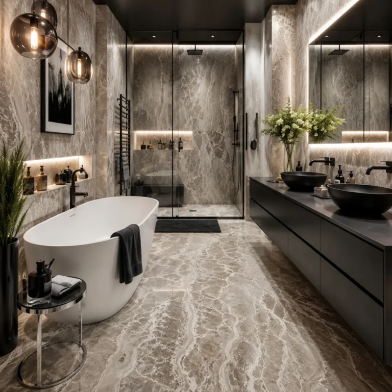 Black vanity, warm marble, white tub. You have seen this room before and you will see it again.