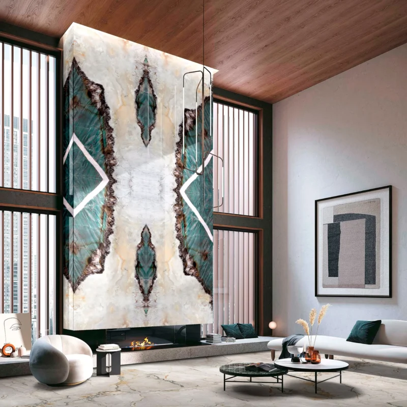 Brass pendant, wood ceiling, one framed print. Everything else in the room got out of the way