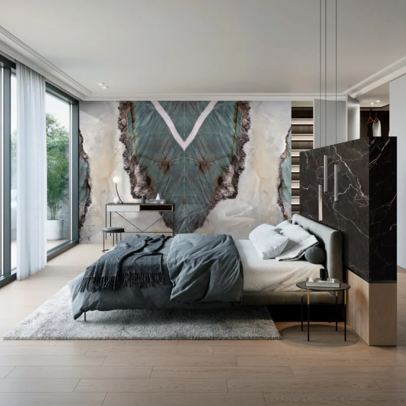 Centered on the bed rather than on the wall, which is the right call and not the automatic one.