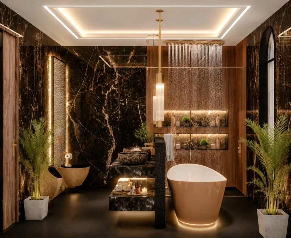 Cove, niches, mirror strip, a glow under the tub and another under the vanity. The middle of the ceiling contributes nothing at all.