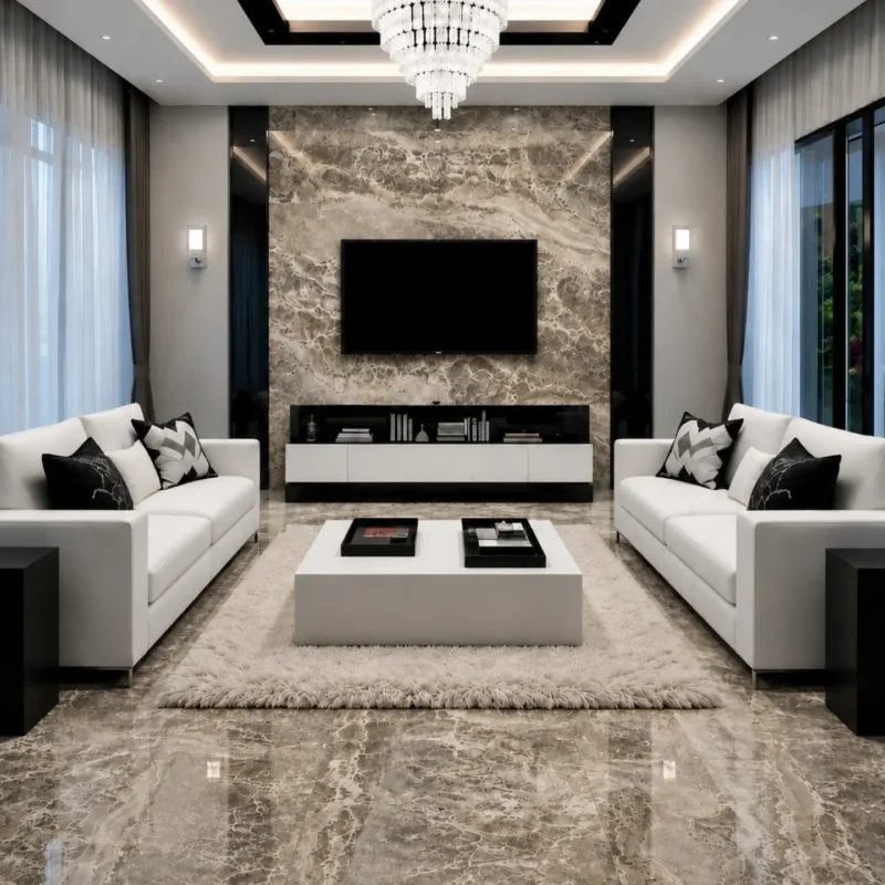 Mirrored down the middle, cushions included.