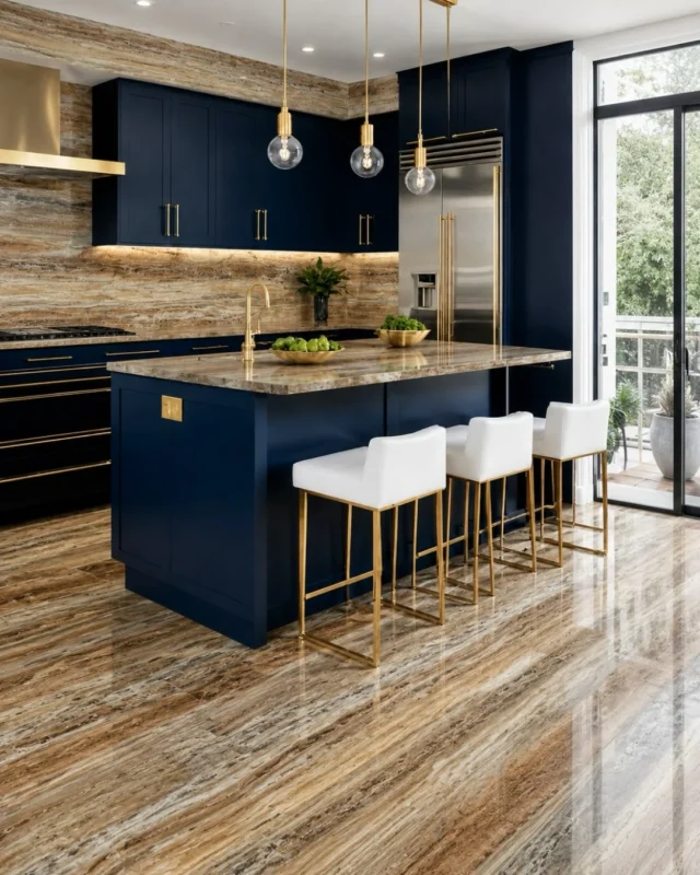 The slim gold pulls are the nicest detail in this kitchen and you have to hunt for them.