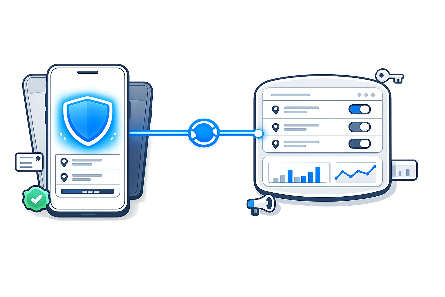 A VPN app connection screen with its admin panel behind it