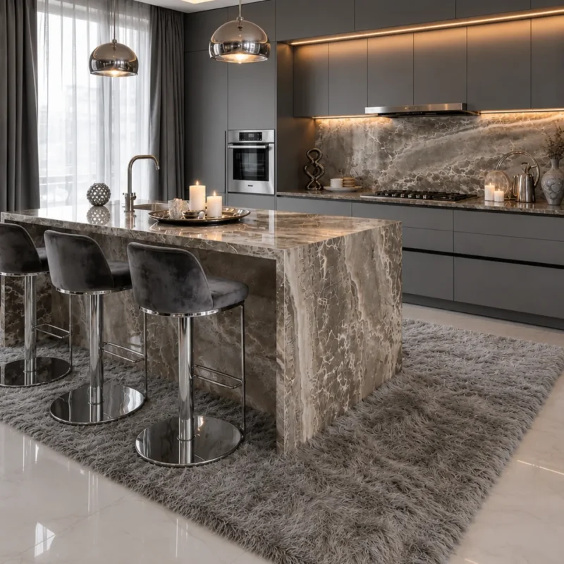 Velvet stools against polished stone, a pairing that photographs better than it wears.